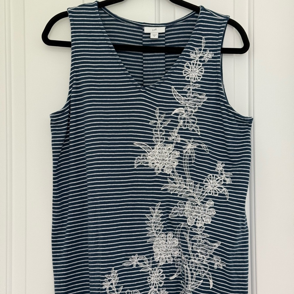 J. Jill Striped Sleeveless Top with White Floral Embroidery